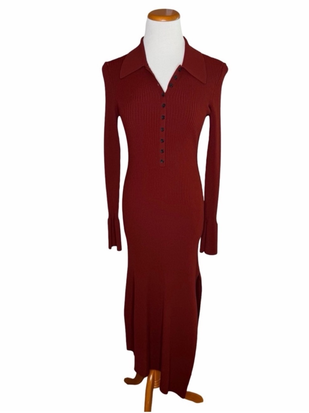 A.L.C. Lance Asymmetric Ribbed Knit Collared Dress Size Medium Sumac Red Midi - Picture 2 of 8